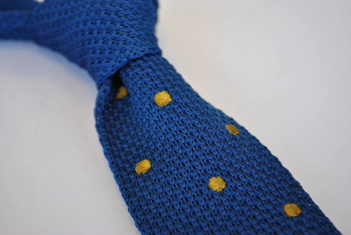 navy blue skinny knitted tie with brown polka dots by Frederick Thomas Handmade Mens Ties
