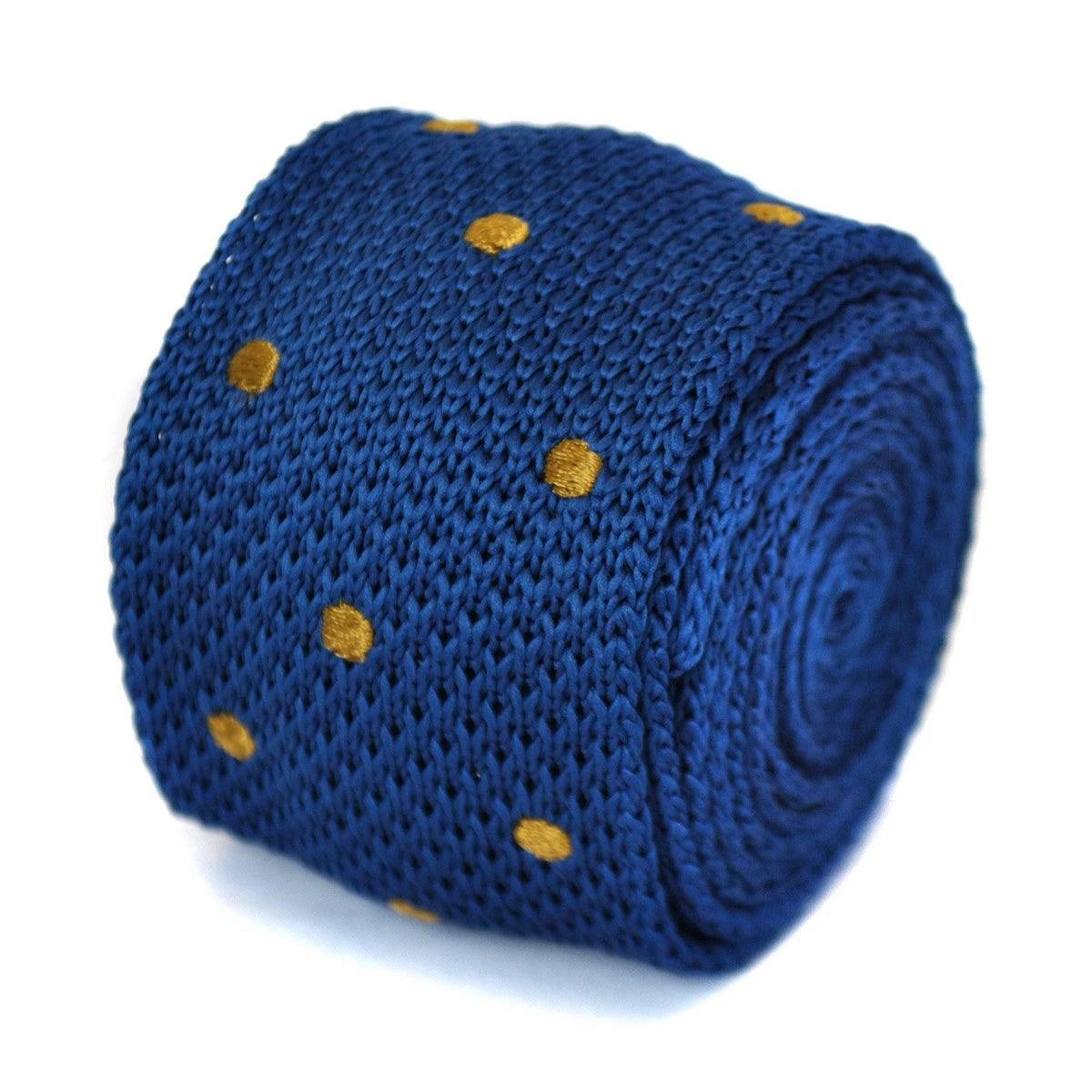 navy blue skinny knitted tie with brown polka dots by Frederick Thomas Handmade Mens Ties