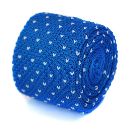 bright royal blue skinny knitted tie with white polka dots by Frederick Thomas Handmade Mens Ties