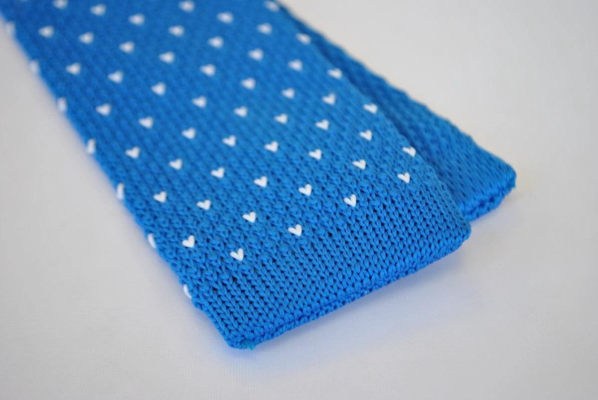bright royal blue skinny knitted tie with white polka dots by Frederick Thomas Handmade Mens Ties
