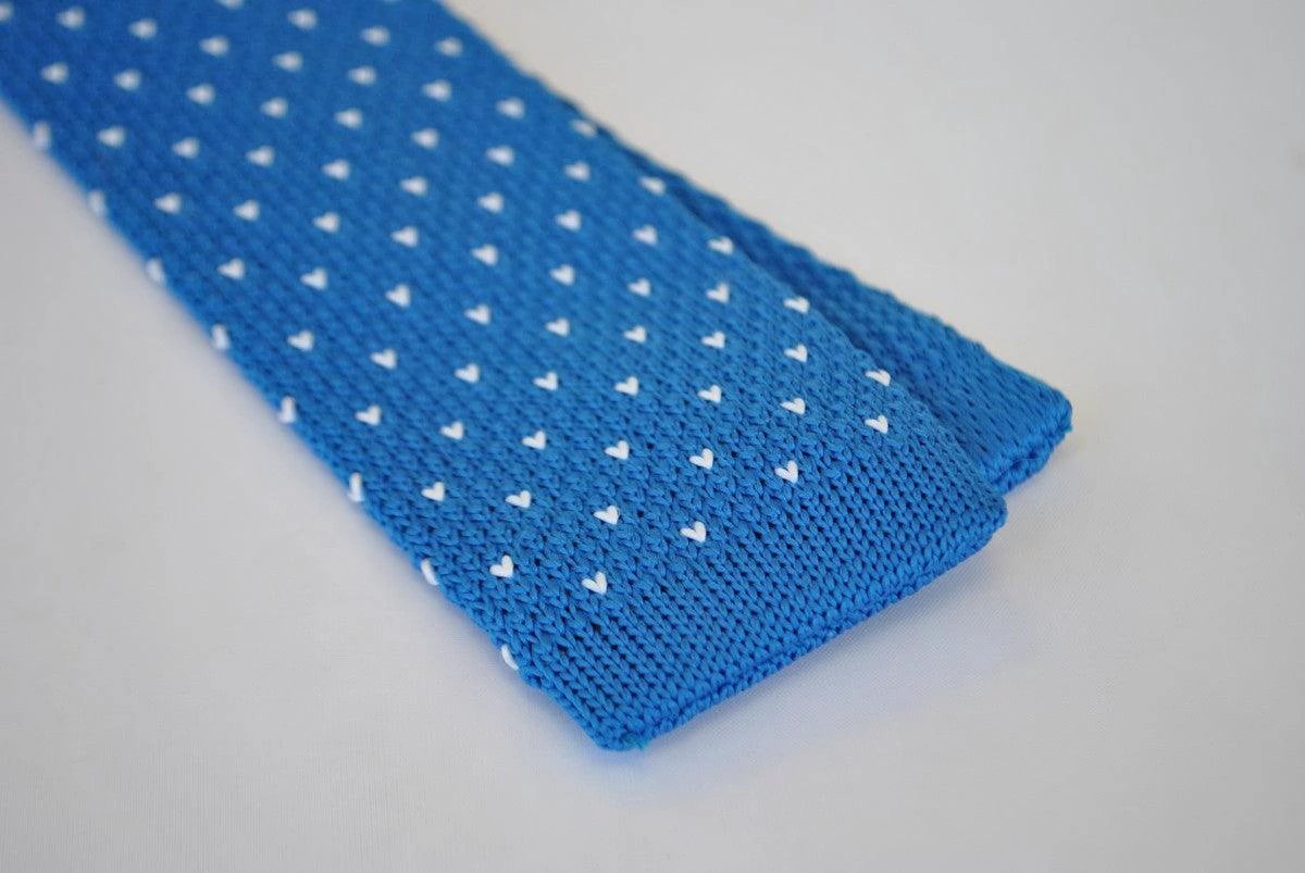 bright royal blue skinny knitted tie with white polka dots by Frederick Thomas Handmade Mens Ties