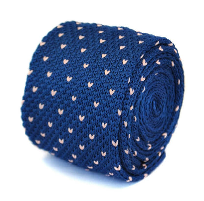 navy blue skinny knitted tie with pink polka dots by Frederick Thomas Handmade Mens Ties