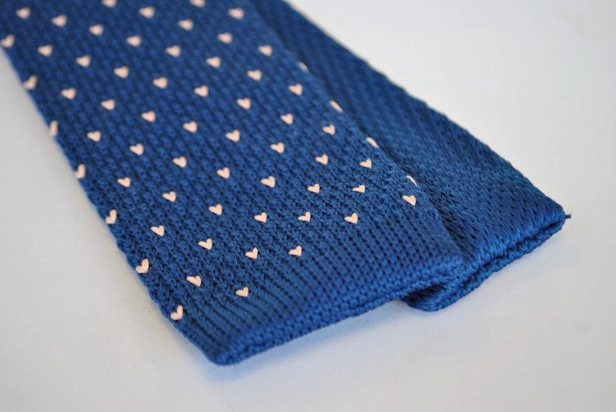 navy blue skinny knitted tie with pink polka dots by Frederick Thomas Handmade Mens Ties