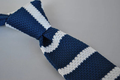 navy blue and white striped skinny knitted tie by Frederick Thomas Handmade Mens Ties