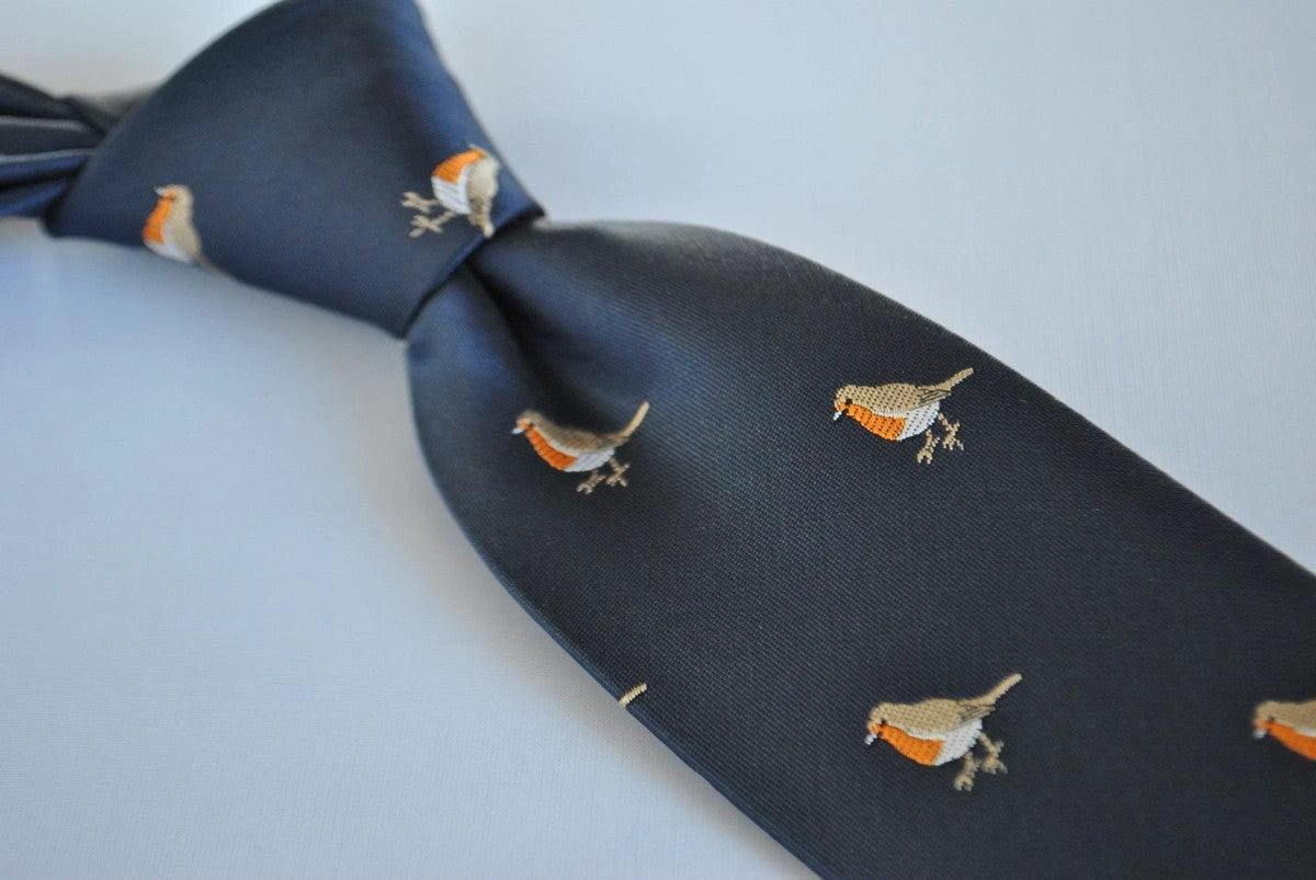navy tie with embroidered robin design by Frederick Thomas Handmade Mens Ties