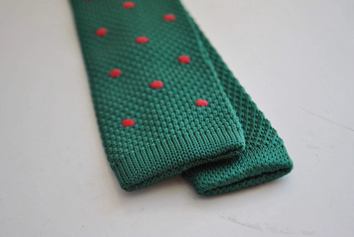 dark green skinny knitted tie with red polka dots by Frederick Thomas Handmade Mens Ties