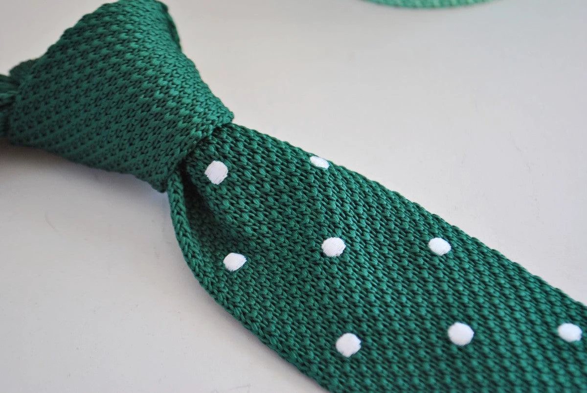emerald green skinny knitted tie with white polka dots by Frederick Thomas Handmade Mens Ties