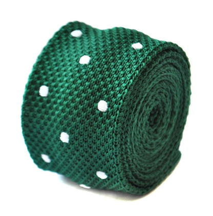 emerald green skinny knitted tie with white polka dots by Frederick Thomas Handmade Mens Ties