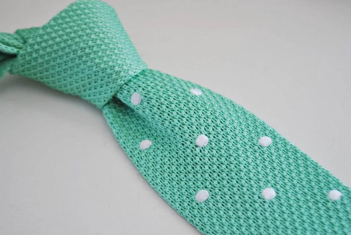 mint green skinny knitted tie with white polka dots by Frederick Thomas Handmade Mens Ties