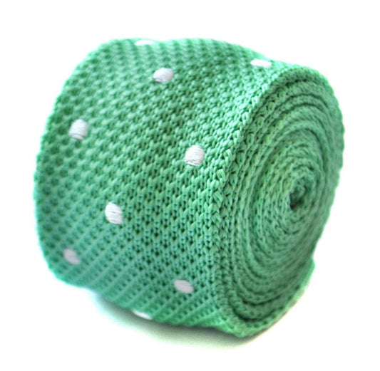 mint green skinny knitted tie with white polka dots by Frederick Thomas Handmade Mens Ties
