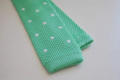 mint green skinny knitted tie with white polka dots by Frederick Thomas Handmade Mens Ties