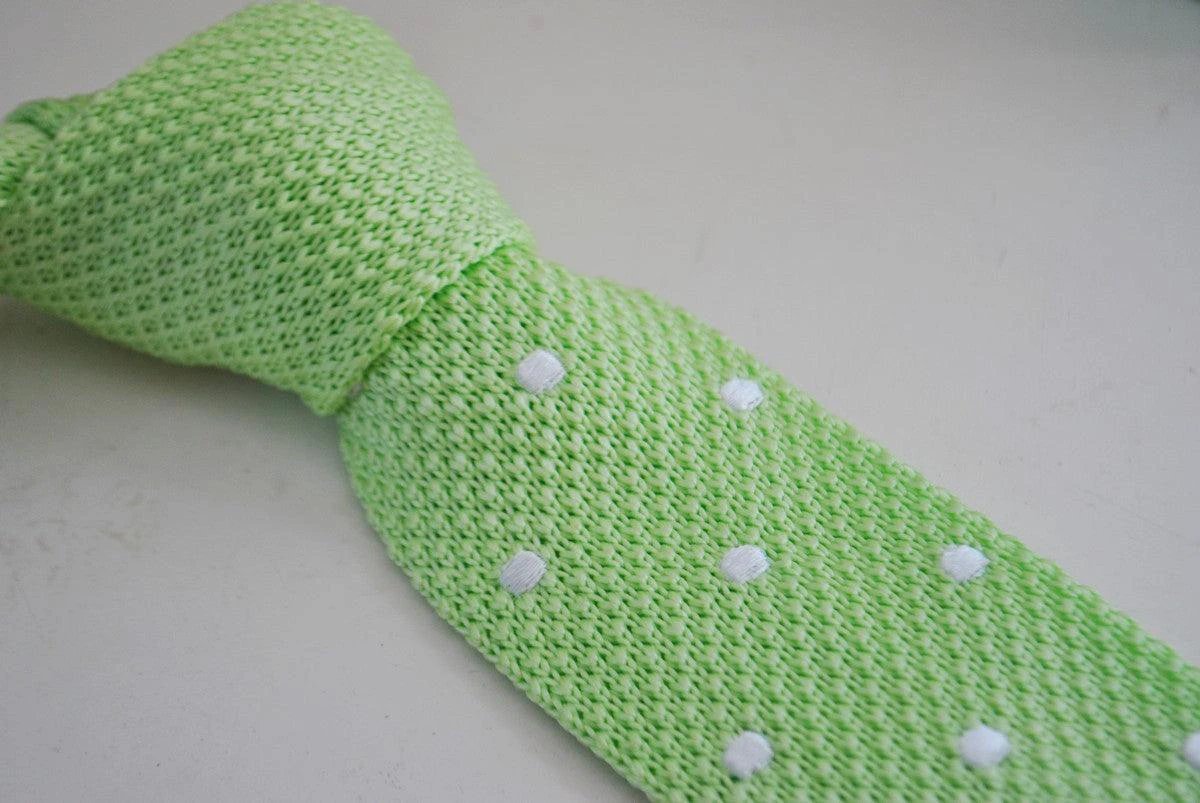 Lime Green Skinny Knitted Tie With White Polka Dots - Handcrafted By Frederick Thomas For Confident Professional Style by Frederick Thomas Handmade Mens Ties