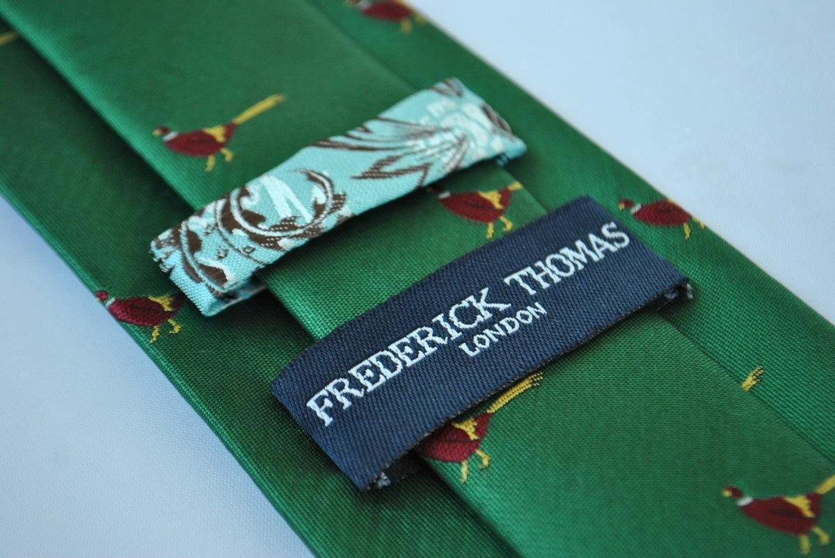 dark green tie with pheasant design by Frederick Thomas Handmade Mens Ties