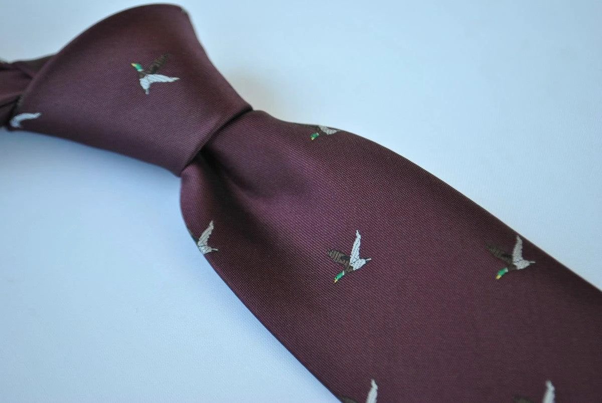 Maroon Tie With Flying Duck Design - Handmade Luxury Accessory By Frederick Thomas by Frederick Thomas Handmade Mens Ties