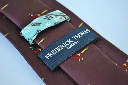 maroon tie with pheasant design by Frederick Thomas Handmade Mens Ties