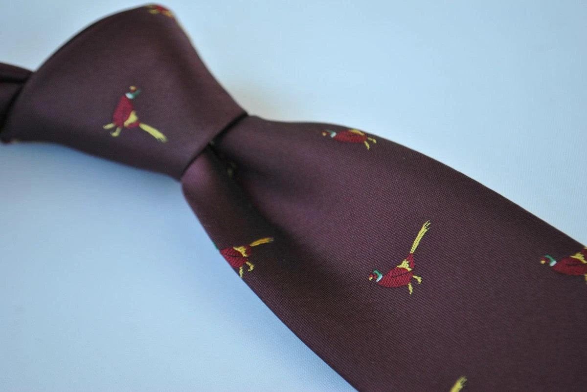 maroon tie with pheasant design by Frederick Thomas Handmade Mens Ties