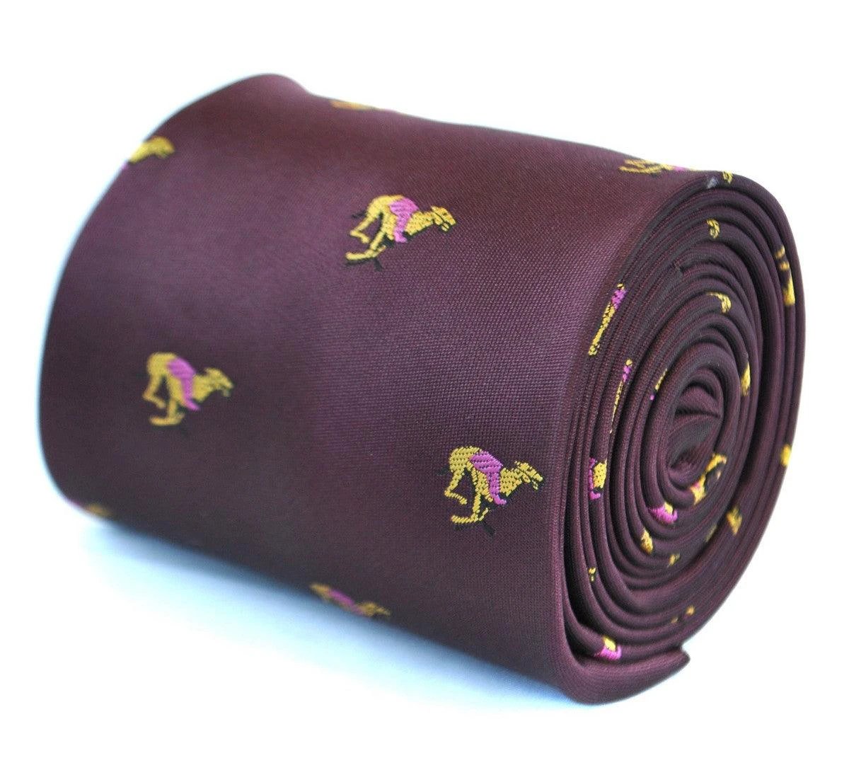 maroon tie with racing greyhound dog print design by Frederick Thomas Handmade Mens Ties