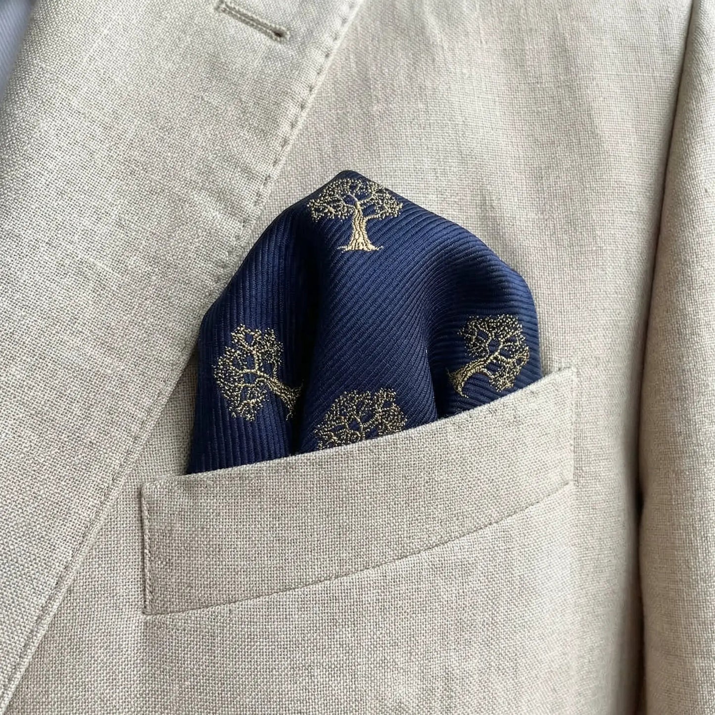 Tree Pocket Square Navy Blue & Gold by OFL Ties