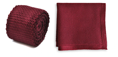 Maroon Knitted Tie with Matching Pocket Square by Frederick Thomas Handmade Mens Ties